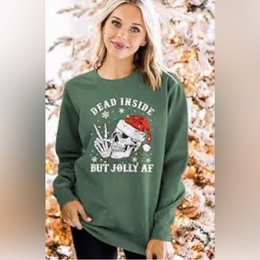 Dead Inside But Jolly AF Christmas Skeleton Green Sweatshirt 3XL Holiday Graphic